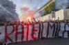 AC Milan fans hold a protest in the square of the Portello area of Milan, Italy near the club's headquarters on Saturday, May 24, 2025. (Stefano Porta/LaPresse via AP)