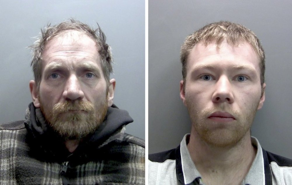 This is a photo provided by Northumbria Police of Daniel Graham, left and Adam Carruthers who have been convicted of cutting down the beloved Sycamore Gap tree in northern England, Friday May 9, 2025. (Northumbria Police via AP)