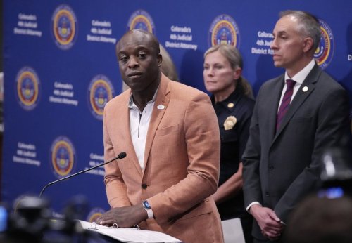 FILE - Colorado Springs, Colo., Mayor Yemi Mobolade considers a question during a news conference after a hearing for the suspect in a mass shooting at a gay nightclub Monday, June 26, 2023, in Colorado Springs, Colo. (AP Photo/David Zalubowski, file)