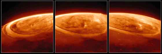 This image provided by NASA shows new details of the auroras on Jupiter captured by the James Webb Space Telescope. (NASA via The Associated Press)