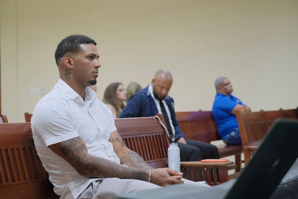 Tampa Bay Rays shortstop Wander Franco sits in court during his trial on charges of sexually abusing a minor, in Puerto Plata, Dominican Republic, Monday, June 2, 2025. (AP Photo/Ricardo Hernandez)