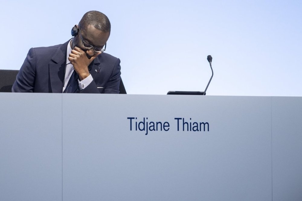 Then-CEO Tidjane Thiam attends the annual general meeting 2019 of the Credit Suisse (CS) bank in Zurich, Switzerland, Friday, April 26, 2019. (Ennio Leanza/Keystone via AP, File)