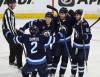 THE CANADIAN PRESS/John Woods
                                Winnipeg Jets’ Dylan DeMelo (2), Vladislav Namestnikov (7), Gabriel Vilardi (13) and Kyle Connor (81) celebrate DeMelo’s goal against the St. Louis Blues in the second period of the Jets 5-3 win in Winnipeg on Wednesday.
