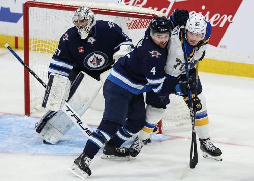 John Woods / THE CANADIAN PRESS
                                Winnipeg Jets&rsquo; Neal Pionk (centre) defends the net in Winnipeg on Wednesday.