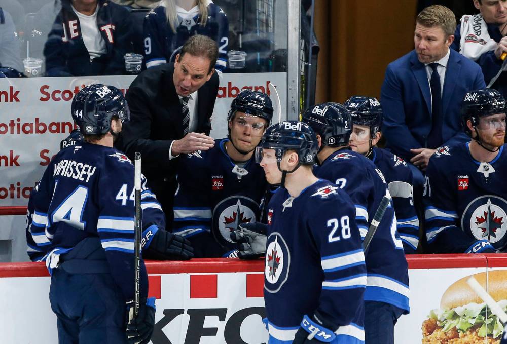 JOHN WOODS / THE CANADIAN PRESS FILES
Winnipeg Jets head coach Scott Arniel talks to his team during first period NHL action against the St. Louis Blues in Winnipeg on Monday, April 7, 2025.