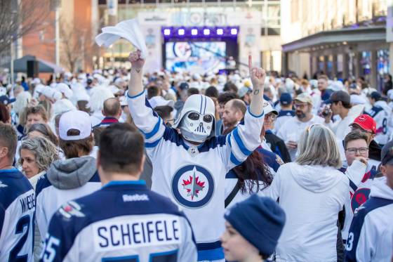 Winnipeg Jets fans at a Whiteout street party in April (Brook Jones / Free Press files)