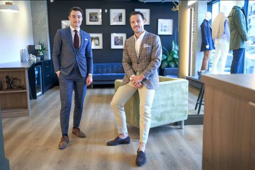 Ruth Bonneville / Free Press
                                Eph Apparel co-founders Alex Ethans and Andrew Parkes in the wedding fitting lounge area.