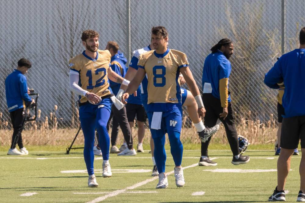MIKE DEAL / FREE PRESS
Winnipeg Blue Bombers quarterback Zach Collaros (8) attended the first day of rookie camp on Wednesday. He said the club has been in his corner since the league levied the suspension against him.