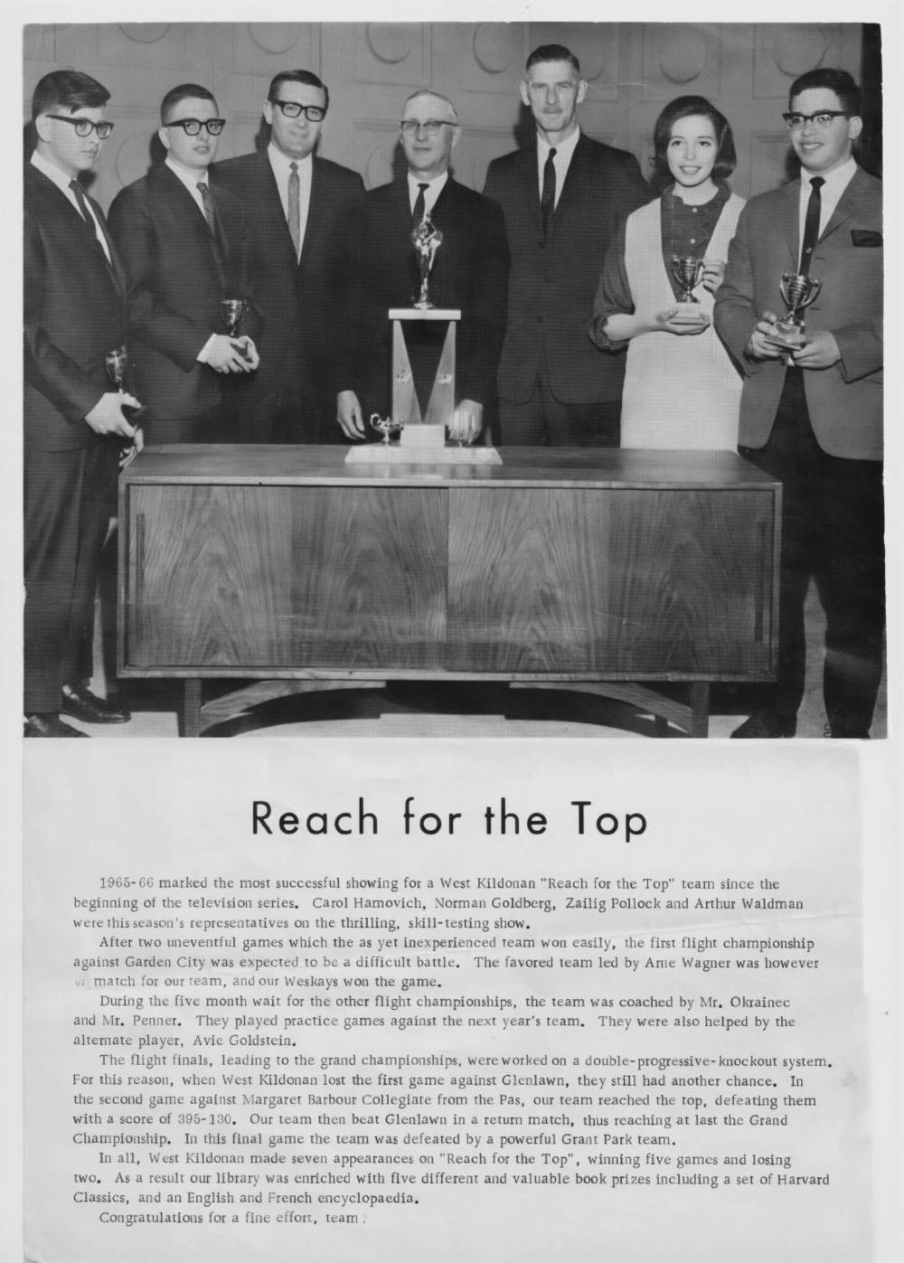 SUPPLIED
Goldberg’s team won at Reach for the Top, a televised academic inter-school competition, in 1966.