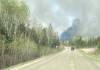 ANGIE SABOURIN PHOTO
                                Smoke rises as Angie Sabourin, along with her dog Finn, leaves her home at Bird Lake in Nopiming Provincial Park on Tuesday after the province issued an evacuation order.