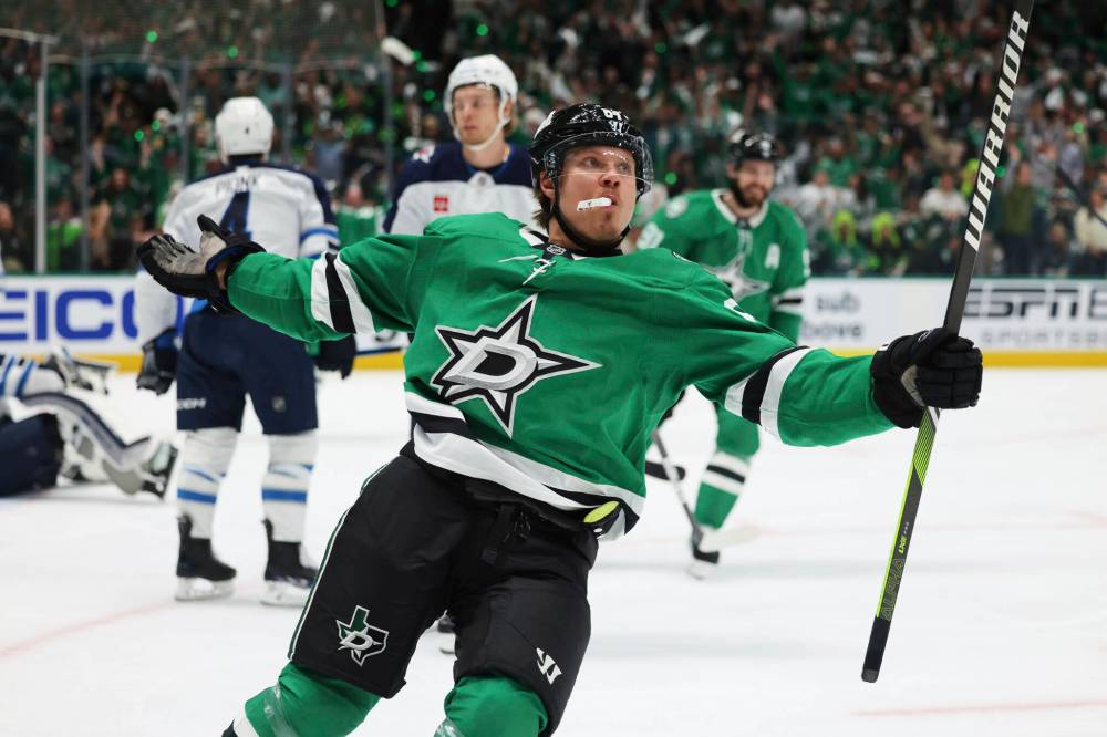 Gareth Patterson / The Associated Press
Dallas Stars forward Mikael Granlund celebrates after scoring a frist-period power-play goal against the Jets on Tuesday night in Dallas.