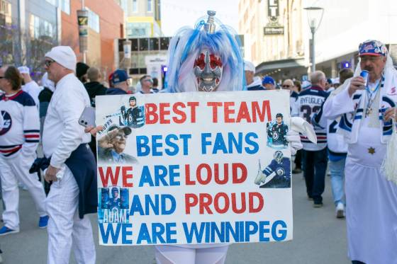 Jets fan Sheila Hathaway shows hockey spirit during Game 1 between the Winnipeg Jets and the St. Louis Blue as she attends the Winnipeg Jets Whiteout party in April. (Brook Jones / Free Press files)