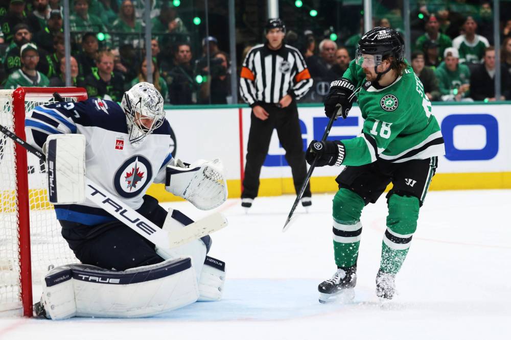 GARETH PATTERSON / ASSOCIATED PRESS
Winnipeg Jets goaltender Connor Hellebuyck blocks a shot with his shoulder pad from Dallas Stars’ Sam Steel (18) in the third period of Game 6 of a second-round NHL hockey playoff series in Dallas, Saturday, May 17, 2025.