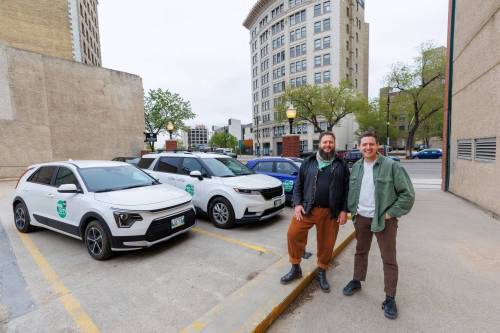 MIKE DEAL / FREE PRESS Peg City Car Co-op, 402-460 Main Street, for Aaron App’s ‘Made in Manitoba’ article. Philip Mikulec (left), CEO at Peg City Car Co-op, and Scott Snider, fleet manager at one of the company’s car depot locations in the Exchange District. Reporter: Aaron Epp 250520 - Tuesday, May 20, 2025.