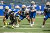 BROOK JONES / FREE PRESS
                                Offensive lineman Gabe Wallace (61) prepares to block defensive lineman Willie Jefferson (No. 5) during Winnipeg Blue Bombers training camp.