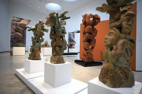 Ruth Bonneville / Free Press
                                A grouping of artworks at Abraham Anghik Ruben’s retrospective collection, at the WAG-Qaumajuq.