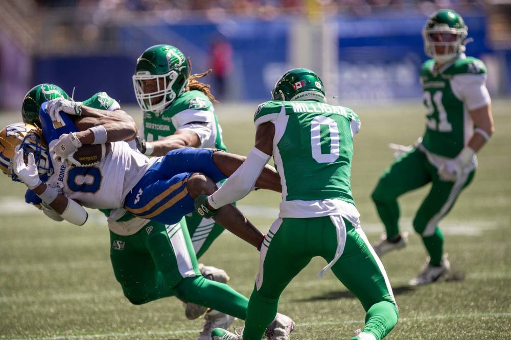 BROOK JONES/FREE PRESS
Winnipeg Blue Bombers wide receiver Myron Mitchell (No. 0) is tacked by Saskatchewan Roughriders defensive back Rolan Milligan Jr. and linebackers A.J. Allen (No. 32) and Aubrey Miller Jr. (No. 47) while Riders defensive back Jaxon Ford looks on during second quarter action Saturday at Princess Auto Stadium in Winnipeg. The Bombers earned a 15-9 victory over the Riders.