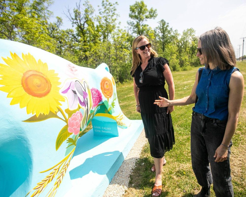 MIKAELA MACKENZIE / FREE PRESS
                                Toba Centre CEO Christy Dzikowicz (left) and artist Kerri Parnell take a look at Parnell’s piece.
