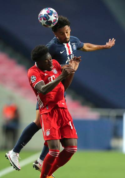 Miguel A. Lopes / THE ASSOCIATED PRESS FILES
                                Marquinhos (right) challenges for the ball in Paris Saint-Germain’s last Champions League Final appearance. PSG’s captain said he knew it would take time for the team to rebuild after the 2020 loss to Bayern Munich.