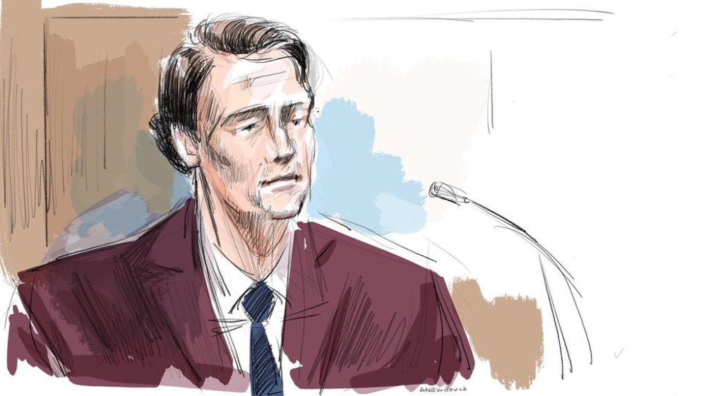 Carter Hart is shown in this courtroom sketch in London, Ont., on Thursday, May 29, 2025. THE CANADIAN PRESS/Alexandra Newbould