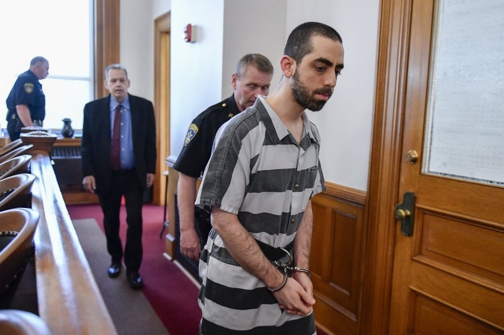 Hadi Matar walks in to in Chautauqua County court in Mayville, N.Y., Friday, May. 16, 2025. (AP Photo/Adrian Kraus)