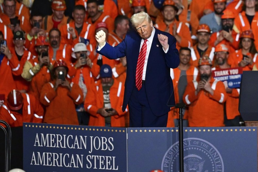 President Donald Trump dances after speaking at the U.S. Steel Mon Valley Works-Irvin plant on Friday, May 30, 2025, in West Mifflin, Pa. (AP Photo/David Dermer)