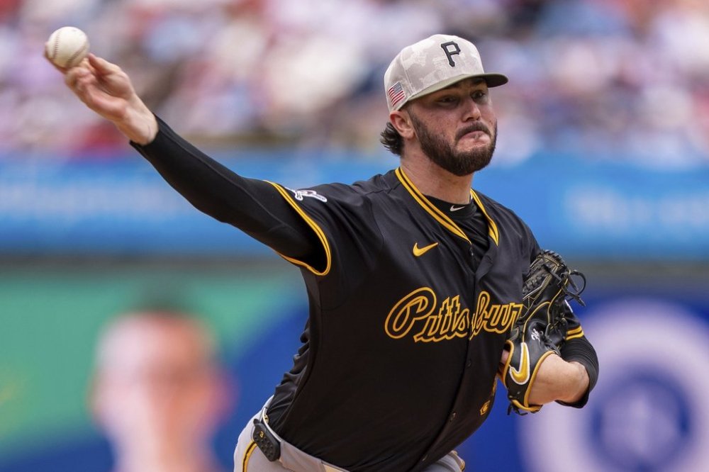 Pittsburgh Pirates starting pitcher Paul Skenes delivers during the first inning of a baseball game against the Philadelphia Phillies, Sunday, May 18, 2025, in Philadelphia. (AP Photo/Chris Szagola)