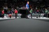 Canada skip Brad Gushue, back left, playing Alberta-Jacobs and Saskatchewan-McEwen skip Mike McEwen, back right, playing Manitoba-Dunstone, prepare to deliver rocks during the playoffs at the Montana's Brier in Kelowna, B.C., on Friday, March 7, 2025. THE CANADIAN PRESS/Darryl Dyck