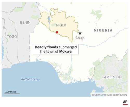 The map above locates Mokwa, Nigeria, where floods have submerged the town and caused at least 100 deaths. (AP Graphic)