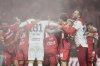 Toluca players celebrate after beating 2-0 America during the Mexican soccer league second leg final match at Nemesio Diez stadium in Toluca, Mexico, Sunday, May 25, 2025. (AP Photo/Fernando Llano)