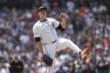Detroit Tigers pitcher Tarik Skubal reacts after the final out against the Cleveland Guardians in the ninth inning during a baseball game, Sunday, May 25, 2025, in Detroit. (AP Photo/Paul Sancya)