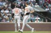 Baltimore Orioles' Coby Mayo (16) scores on a two-RBI triple by Heston Kjerstad during the seventh inning of a baseball game against the Seattle Mariners, Wednesday, June 4, 2025, in Seattle. (AP Photo/Jason Redmond)