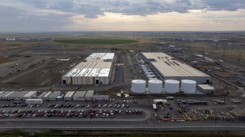 Construction is seen at an Amazon Web Services data center on Aug. 22, 2024, in Boardman, Ore. (AP Photo/Jenny Kane)