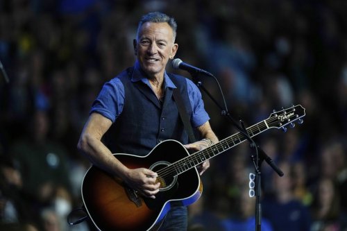 FILE - Bruce Springsteen performs at a campaign rally supporting Democratic presidential nominee Vice President Kamala Harris, Oct. 28, 2024, in Philadelphia. (AP Photo/Matt Rourke, File)