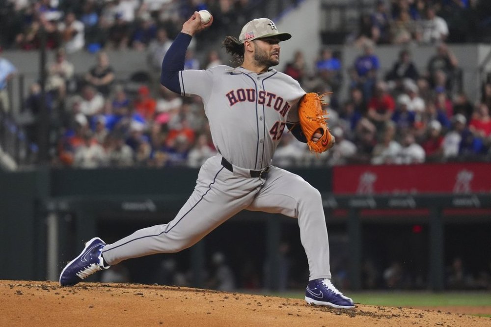 Houston Astros starting pitcher Lance McCullers Jr. throws during the first inning of a baseball game against the Texas Rangers, Friday, May 16, 2025, in Arlington, Texas. (AP Photo/LM Otero)