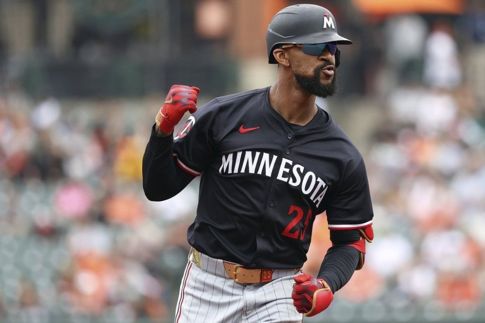 Minnesota Twins' Byron Buxton celebrates after hitting a home run during the third inning of a baseball game against the Baltimore Orioles, Thursday, May 15, 2025, in Baltimore. (AP Photo/Daniel Kucin Jr.)