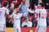 Toronto FC forward Lorenzo Insigne (centre) celebrates a goal against D.C. United with Theo Corbeanu (7) and Raoul Petretta (28) during second-half MLS soccer action in Toronto, Saturday, May 10, 2025. THE CANADIAN PRESS/Frank Gunn