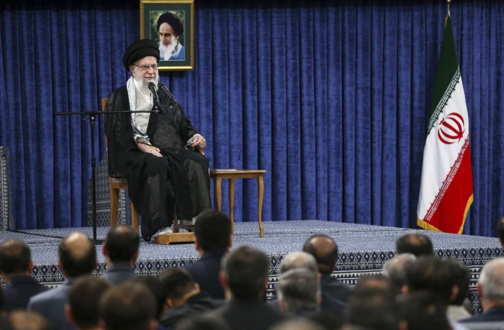 In this photo released by the official website of the office of the Iranian supreme leader, Supreme Leader Ayatollah Ali Khamenei speaks during a memorial in Tehran, Iran, Tuesday, May 20, 2025, for late President Ebrahim Raisi, who died in a helicopter crash last year. (Office of the Iranian Supreme Leader via AP)