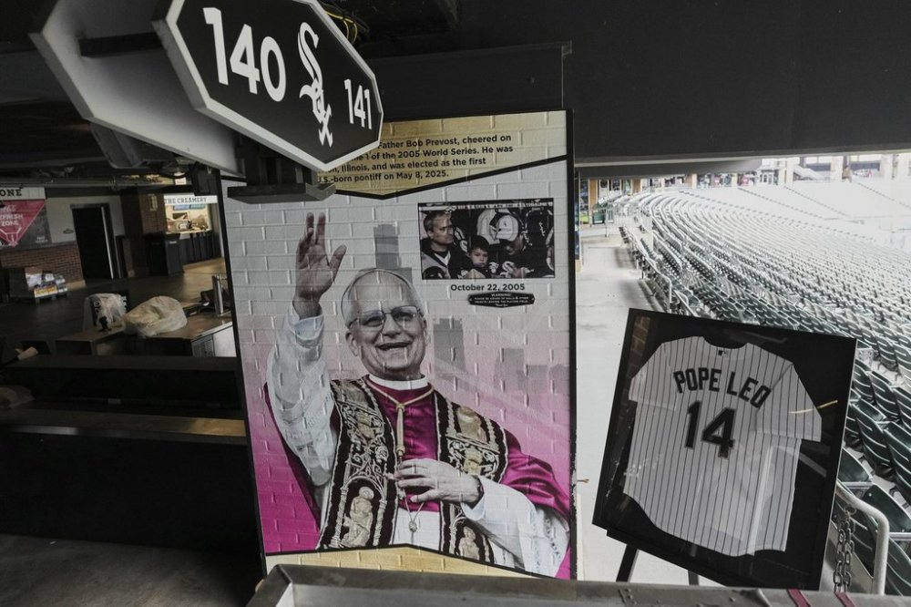 White Sox commemorate fandom of Pope Leo XIV with Graphic installation at Rate Field before a baseball game between the Seattle Mariners and the Chicago White Sox in Chicago, Monday, May 19, 2025. (AP Photo/Nam Y. Huh)
