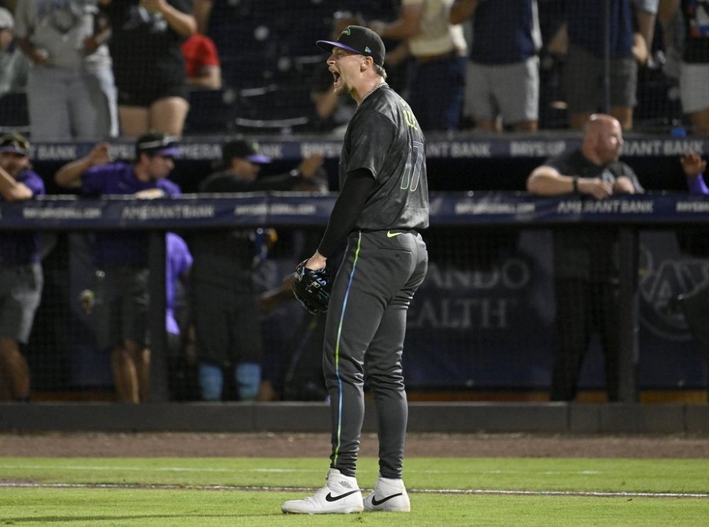 Tampa Bay Rays pitcher Eric Orze celebrates after the final out of a baseball game against thye Milwaukee Brewers, Friday, May 9, 2025, in Tampa, Fla. (AP Photo/Jason Behnken)