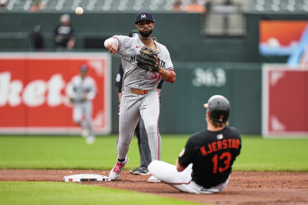 Baltimore Orioles' Heston Kjerstad (13) is forced out by Minnesota Twins second baseman Willi Castro (50), throwing to first baseman Kody Clemens for the double play, during the second inning in the second baseball game of a doubleheader, Wednesday, May 14, 2025, in Baltimore. (AP Photo/Stephanie Scarbrough)