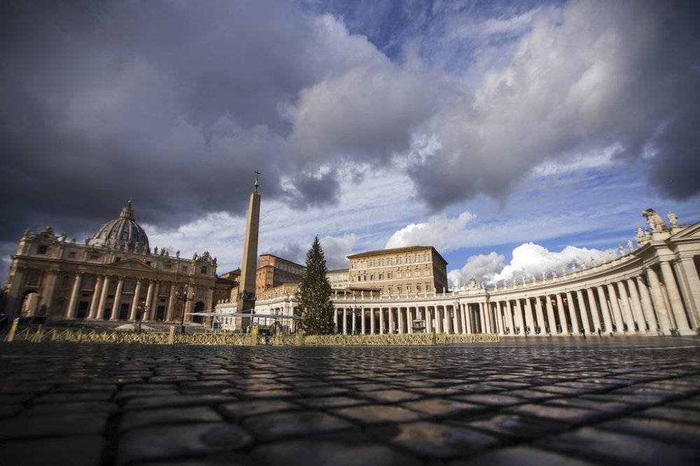 FILE - A view of the empty St. Peter's Square as Pope Francis is delivering the Angelus noon prayer from his studio, at the Vatican, Jan. 6, 2021. (AP Photo/Andrew Medichini, File)