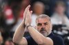 Tottenham's head coach Ange Postecoglou applauds ahead of the Europa League final soccer match between Tottenham Hotspur and Manchester United at the San Mames Stadium in Bilbao, Spain, Wednesday, May 21, 2025. (AP Photo/Manu Fernandez)