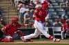 FILE - Los Angeles Angels' Ryan Noda hits against the Cincinnati Reds during a spring training baseball game, Wednesday, Feb. 26, 2025, in Tempe, Ariz. (AP Photo/Matt York, File)
