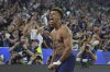 PSG's Desire Doue celebrates after scoring his side's third goal during the Champions League Final soccer match between Paris Saint Germain and Inter at the Allianz Arena in Munich, Germany, Saturday May 31, 2025 . (Spada/LaPresse via AP)