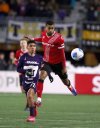 Cavalry FC's Shamit Shome heads the ball away from Pumas UNAM's Piero Quispe during first half soccer action in round one of the 2025 CONCACAF Champions Cup in Langford, B.C., on Thursday, February 6, 2025. THE CANADIAN PRESS/Chad Hipolito