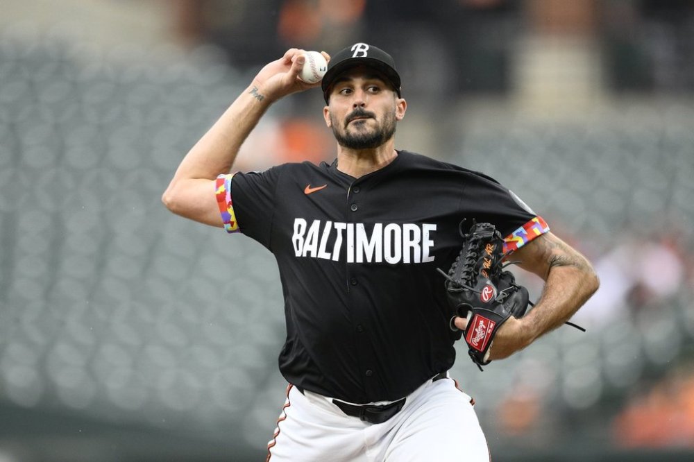 Baltimore Orioles starting pitcher Zach Eflin throws during the first inning of a baseball game against the Chicago White Sox, Friday, May 30, 2025, in Baltimore. (AP Photo/Nick Wass)