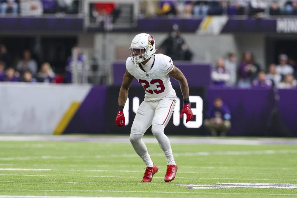FILE - Arizona Cardinals cornerback Sean Murphy-Bunting (23) moves across the field during the first half of an NFL football game against the Minnesota Vikings, Dec. 1, 2024 in Minneapolis. (AP Photo/Stacy Bengs, file)