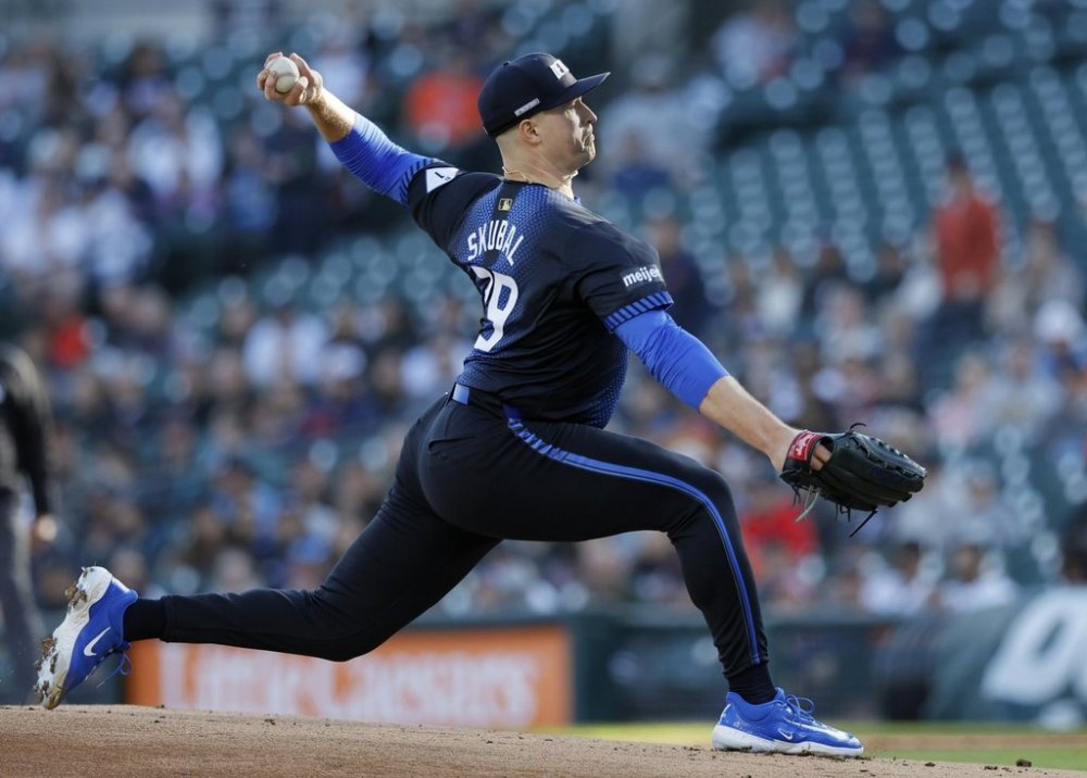 Detroit Tigers' Tarik Skubal pitches against the Texas Rangers during the first inning of a baseball game Friday, May 9, 2025, in Detroit. (AP Photo/Duane Burleson)