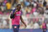 Rajasthan Royals' Jofra Archer celebrates the wicket of Kolkata Knight Riders' Angkrish Raghuvanshi during the Indian Premier League cricket match between Kolkata Knight Riders and Rajashtan Royals at Eden Gardens in Kolkata, India, Sunday, May 4, 2025. (AP Photo/Bikas Das)